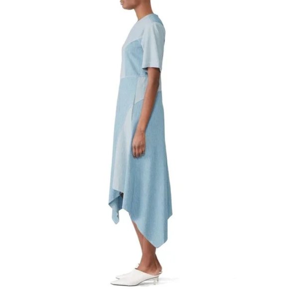 Colovos Midi Dress Chambray Seamed Two Tone Short Sleeve Asymmetrical Hem Small - Picture 6 of 16